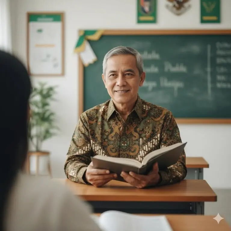 Seorang guru pria sedang mengajar di kelas dengan buku terbuka, ilustrasi relevan untuk sertifikasi grafologi.