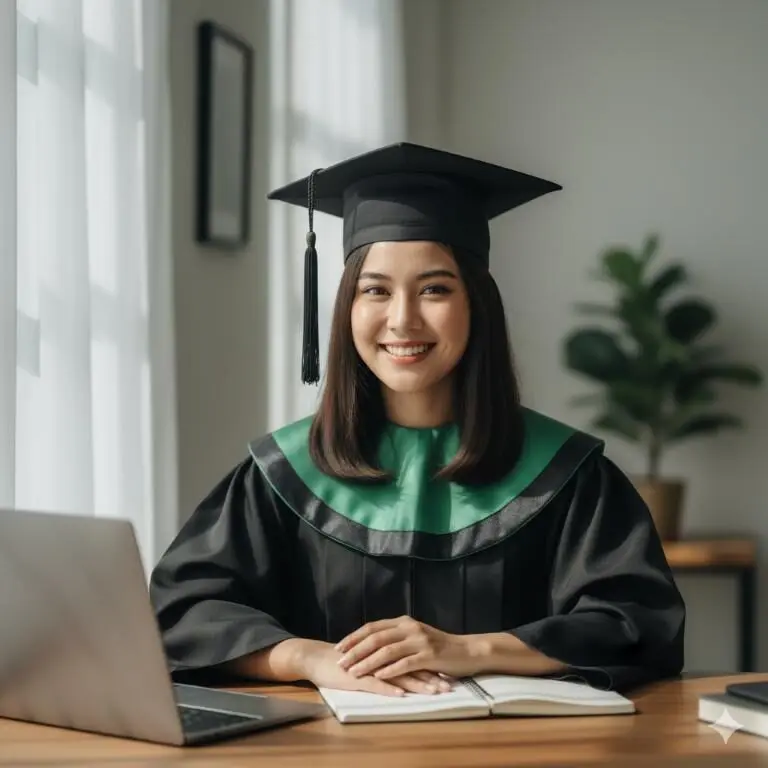Seorang fresh graduate wanita memakai toga wisuda, ilustrasi relevan untuk sertifikasi grafologi.