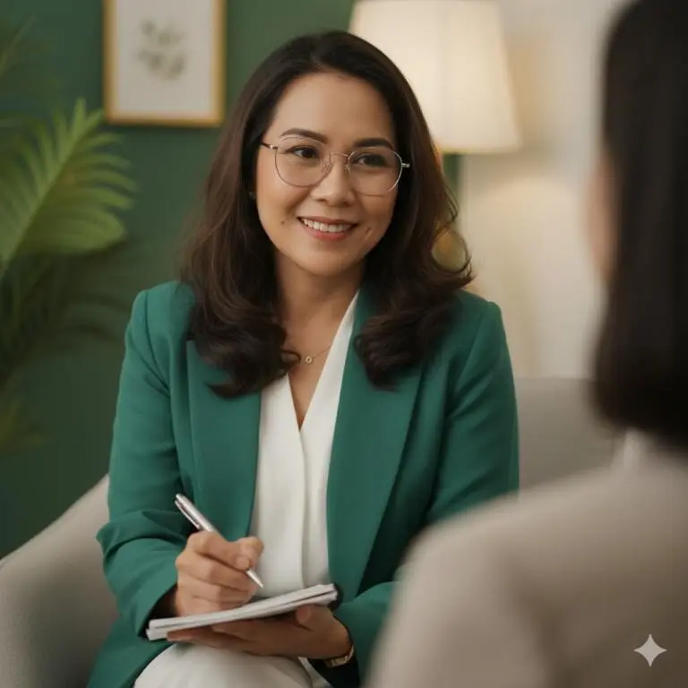 Seorang psikolog wanita sedang melakukan sesi konsultasi dengan klien, ilustrasi relevan untuk sertifikasi grafologi.